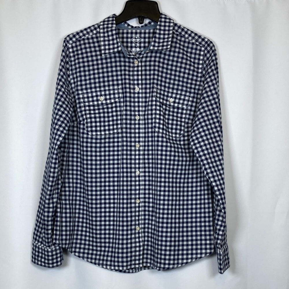 St. John’s Bay Womens Navy White Gingham Plaid Button Lightweight Casual Sz L